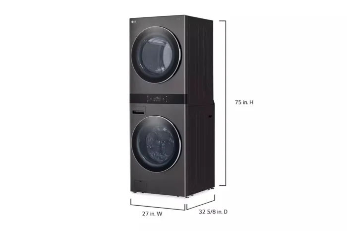 WashTower Stacked SMART Laundry Center 5.0 Cu.Ft. Front Load Washer & 7.4 Cu.Ft. Electric Dryer in Black Steel w/ Steam