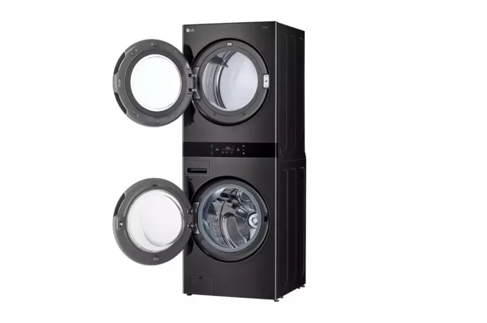 WashTower Stacked SMART Laundry Center 5.0 Cu.Ft. Front Load Washer & 7.4 Cu.Ft. Electric Dryer in Black Steel w/ Steam