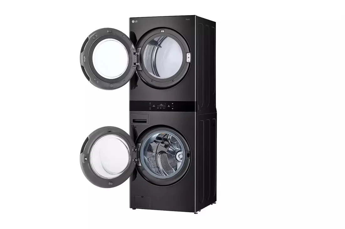 WashTower Stacked SMART Laundry Center 5.0 Cu.Ft. Front Load Washer & 7.4 Cu.Ft. Electric Dryer in Black Steel w/ Steam